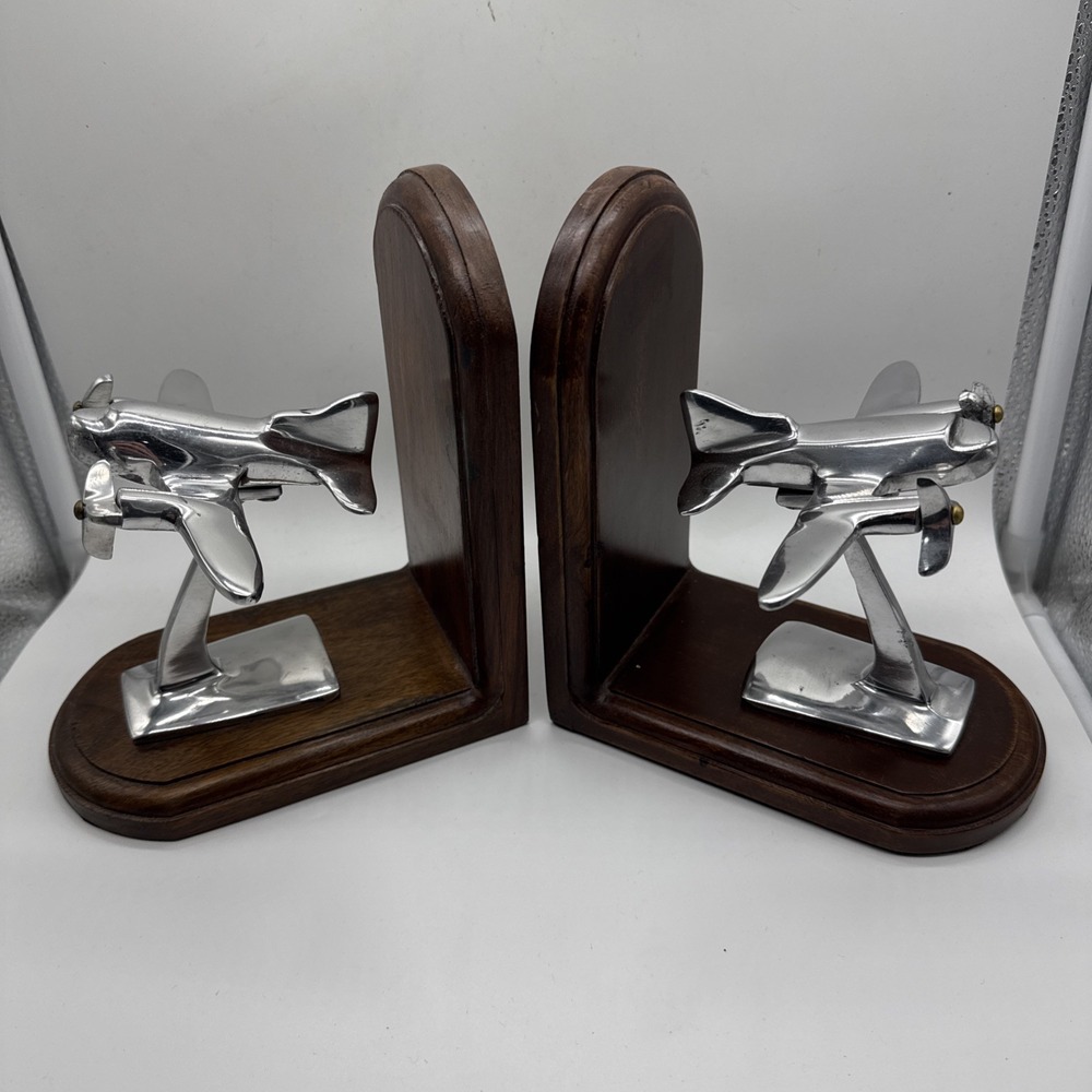 Pier One Airplane Bookends Retro Twin Propellers Vintage Chrome Brown Wood